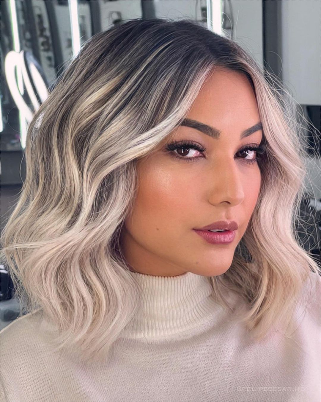 Beige Blonde Lob with Root Smudge