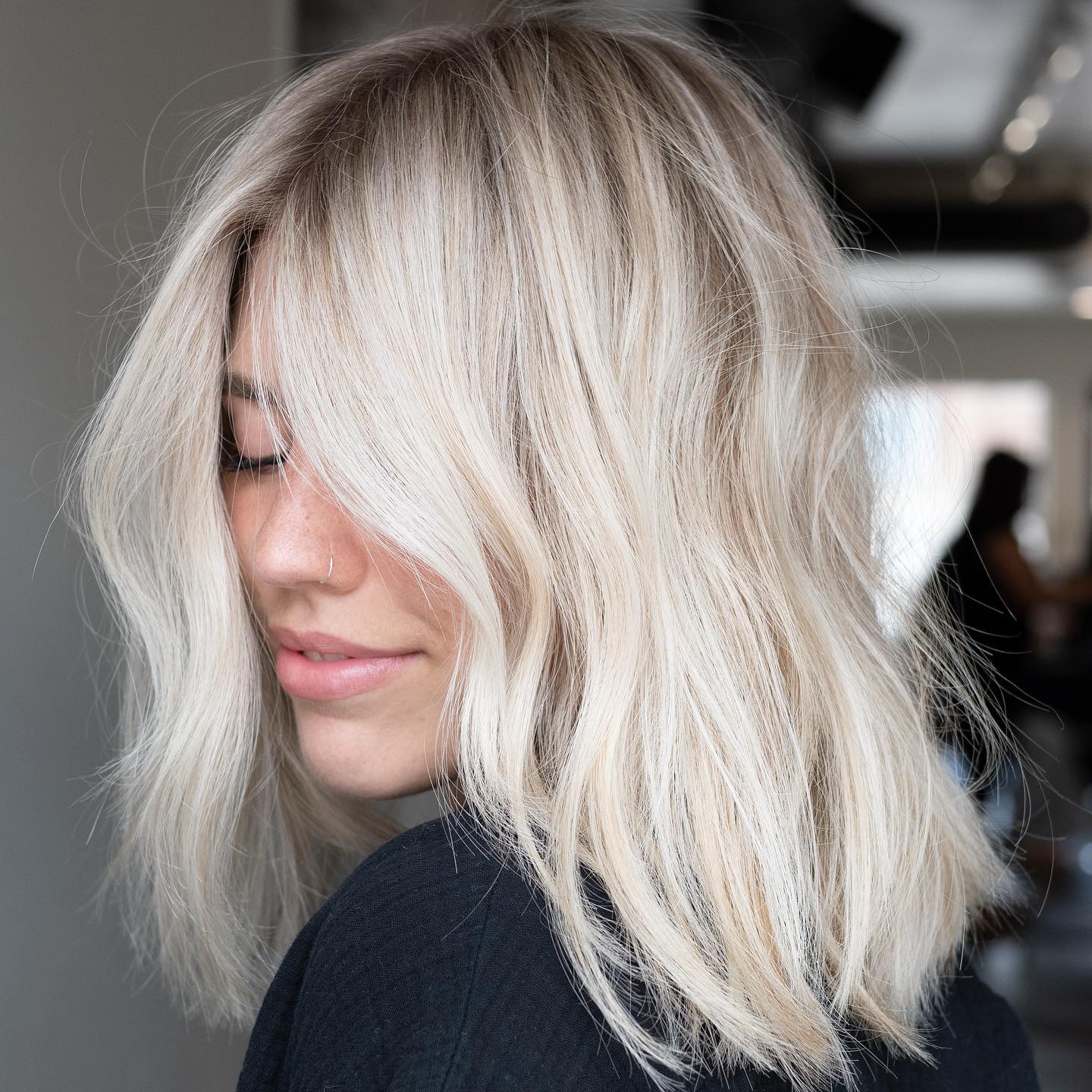 Creamy White Blonde Lob with Shadow Roots